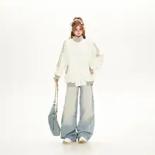 アメリカンビンテージ風 ジャージ素材のジップアップ立襟ジャケット【ゆったりシルエット・ 女性用・カジュアル】