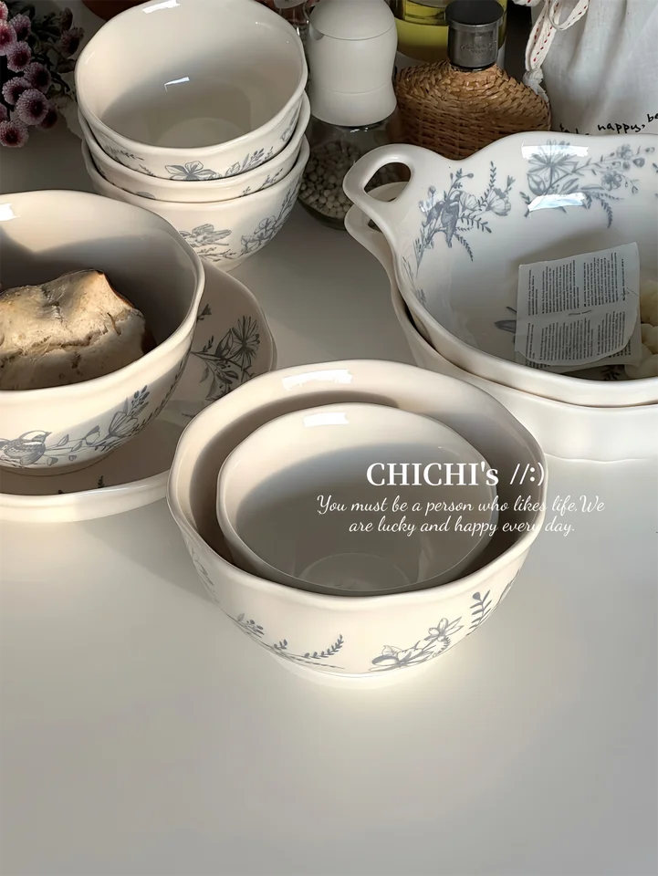 丼鉢 取っ手付き 陶器 チャイナテイスト ヴィンテージ インスタ映え おしゃれ 家庭用 サラダボウル ヌードルボウル 食器
