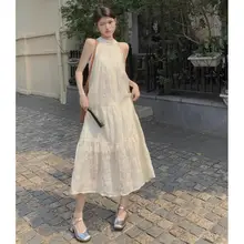 フレンチスタイルのレースノースリーブマキシドレス【小柄向け・アシンメトリー・夏用】（セットアップ対応）
