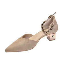 カーキ色のレトロスエードコンフォートサンダル【尖ったトゥ・メッシュ・太ヒール】