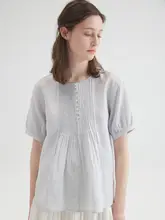 麻素材の夏用ボタン付きタックデザインブラウス（セットアップ対応）