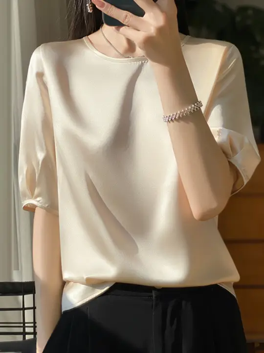 春夏用 ラウンドネック 絹製 半袖 レディースサテンTシャツ【ゆったり薄手・絹とアセテート】