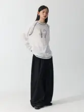 手描き刺繍入りスノーコットン長袖カラーブロックTシャツ【ゆったりとしたデザイン・女性用】