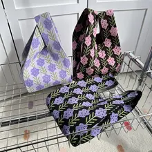 ラベンダー手提げバッグ【春夏用・ニット・ショルダーバッグ・お弁当袋】