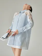 レトロ風フランスデザインのレース刺繍入りブルー＆ホワイトマリンシャツ【春夏用・女性用】