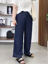 大きいサイズの天絲ワイドレッグデニムパンツ【ハイウエスト・サマーロング・涼感】