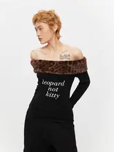 アメリカンスタイルのヒョウ柄オフショルダーロングスリーブTシャツ【秋用・セクシー・フィット感】
