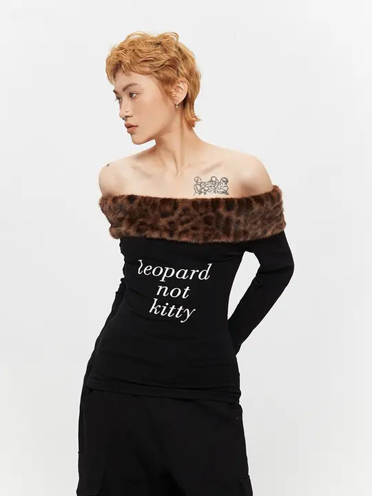 アメリカンスタイルのヒョウ柄オフショルダーロングスリーブTシャツ【秋用・セクシー・フィット感】