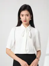 LINGMOON バタフライリボン付き 半袖シャツ【ビジネス・面接用・女性用・ドレープデザイン】
