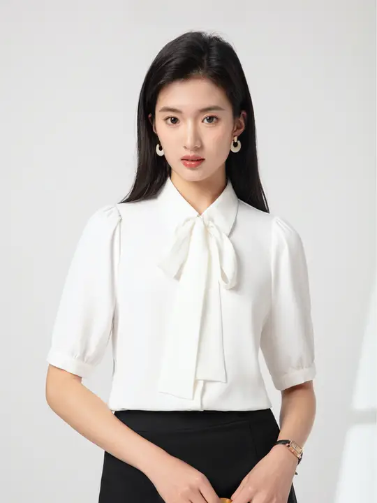 LINGMOON バタフライリボン付き 半袖シャツ【ビジネス・面接用・女性用・ドレープデザイン】