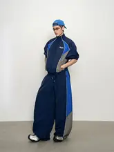 撞色デザインの肩パッド付きショートスリーブジャケット【カジュアルスタイル・ゆったりシルエット】（セットアップ対応）