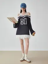 長袖トップス レディース ネイビー レース パッチワーク カットワーク シースルー ルーズ 薄手 スポーツテイスト UVカット 紫外線対策