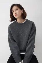 深灰色 ストレッチ素材のゆったりラウンドネックセーター【春秋用・女性用・スタイル】
