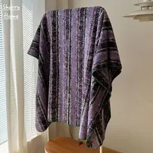 レトロ風 緑紫のストライプ 三角毛布【オフィス用・お昼寝・ソファカバー・ベッドエンド】