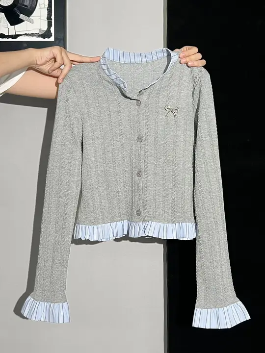 長袖Tシャツとリボン刺繍カーディガンの重ね着風ジャケット【スリムフィット・女性用】（セットアップ対応）