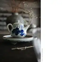 青花白菜模様の陶磁器茶器【詩文泡茶器・蓋碗・スプーン付き】