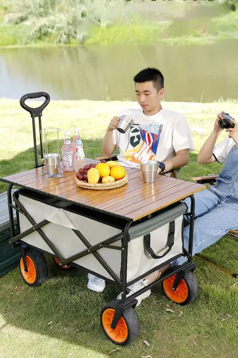 折りたたみ式アウトドアキャンプカート【ピクニック用・テーブル板付き・小型トレーラー】