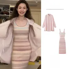 春用 薄手ピンクストライプのニットタンクトップ付きサンシェードシャツワンピース