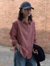 レトロな赤チェックPOLOカラー長袖シャツ【ゆったりとした中長丈・チェック柄】（セットアップ対応）