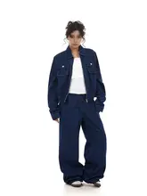 アメリカンビンテージ風 ゆったりデニムジャケット【春用・ハイウエスト・ワイドパンツ】（セットアップ対応）