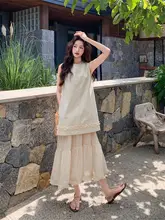 リゾートスタイルのレース付き二重連衣裙【女性用・夏用・Aライン・軽やかで可愛い】（セットアップ対応）