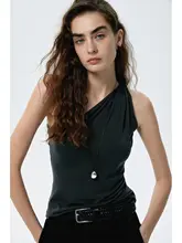 THORNSAURA 春夏向け オーストリア製テンセル 無地スリーブレスねじりデザイン斜め肩トップス