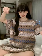 ストライプ柄の夏用ショートスリーブナイトガウン【大きいサイズ・妊婦対応・軽やか】（セットアップ対応）