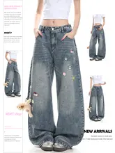 アメリカンビンテージスタイルのクマ刺繍デニムパンツ【春用・フィット・ワイドレッグ】