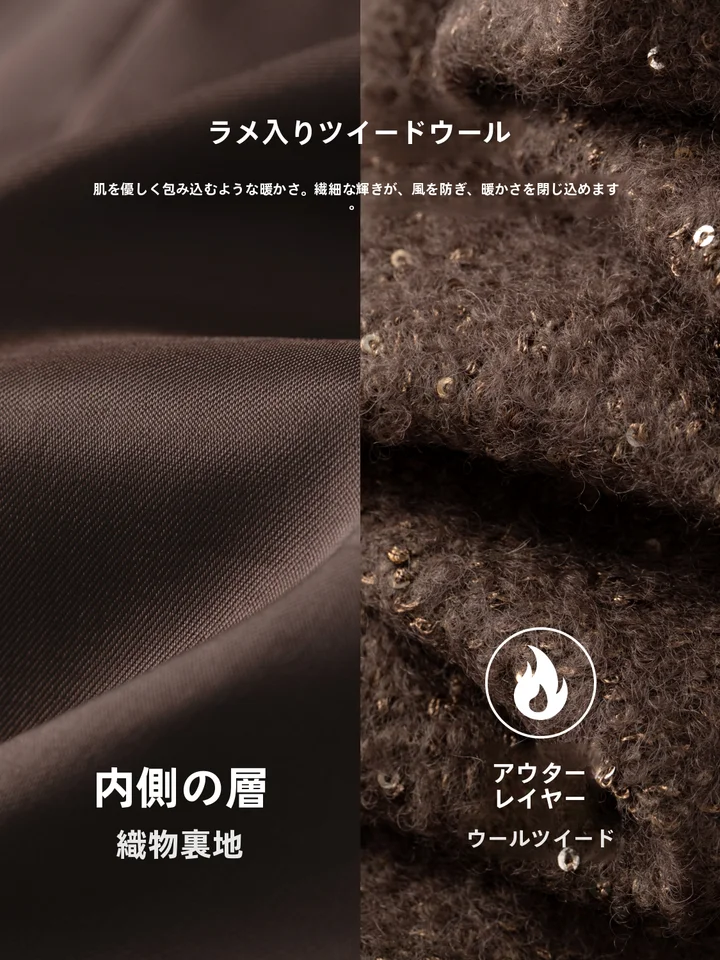 羊毛とラメの粗いツイードコート【大きいサイズ・冬用・ミディ丈】