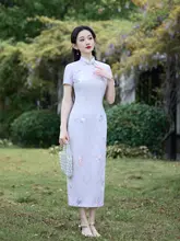 花柄紫色のレトロなチャイナドレス【夏用・改良デザイン・小柄向け・高級感】