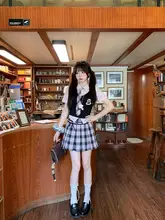 粉色チェック柄の女子制服風トップスとプリーツスカート【夏用・学院スタイル】（セットアップ対応）