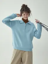 北島AMUU オリジナル シンプルブルー 半開きカラーの長袖ニットセーター【秋冬用・ゆったりフィット】