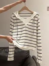 ストライプカラーコンビネーション長袖フード付きニットトップス【春秋用・フィット・体型カバー】（セットアップ対応）