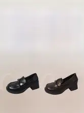 レトロデザイン ラウンドトゥ ローファー風 厚底ダークブラウンシューズ【春用・フレンチスタイル・太ヒール】