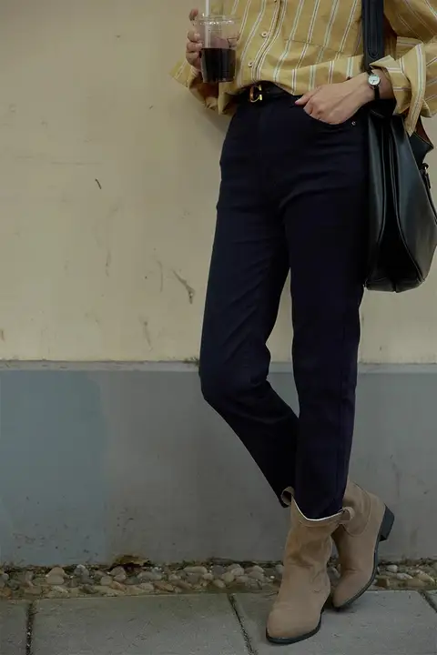 morefeel 伸縮性ハイウエストスリムフィットデニムパンツ【レディース・ブラック・9分丈・小柄向け】