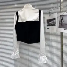 フリル付きレースパッチワークの蝶結びブラウス【春季・フレンチスタイル・女性用】