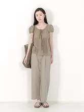 KNgs 夏用 レディース ショート丈トップス【ラウンドネック・パフスリーブ・ビンテージスタイル】