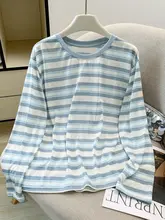 ファッションシンプルなゆったり通気性ストライプ長袖Tシャツ【夏用・カラーブロック・ラウンドネック・UVカット】