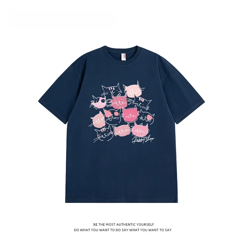 猫 モチーフ のデザイン性を実現したコットン半袖Tシャツ：通勤風のゆったりスタイル