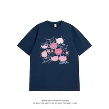 デザイン性の高い猫柄コットン半袖Tシャツ【夏用・ゆったりサイズ】
