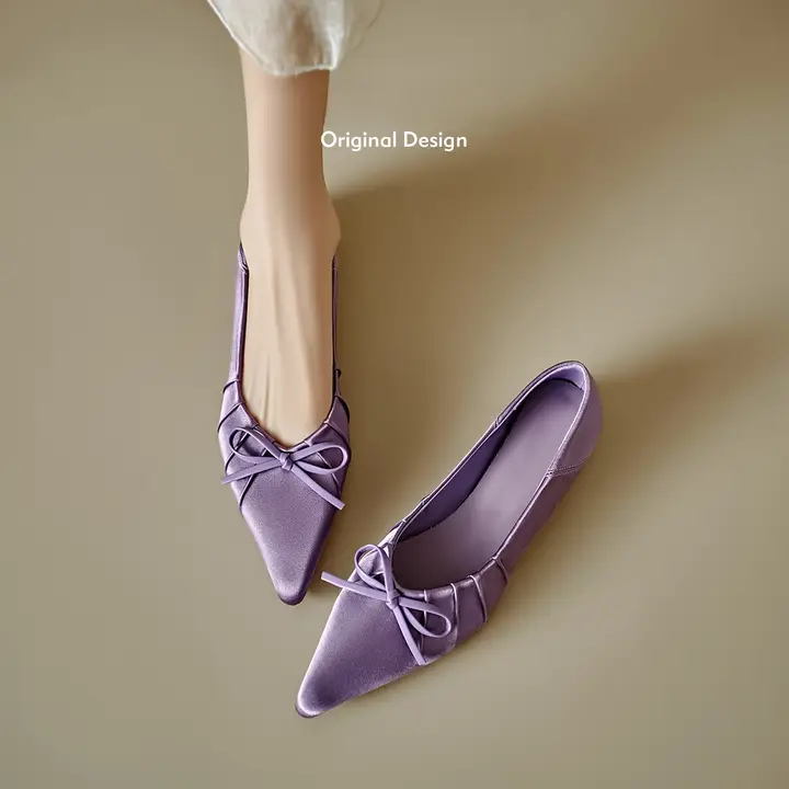 羊皮製 フラットシューズ【リボンデザイン・内側増高・浅口・女性用】