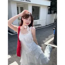 レースデザインの不規則なキャミソールワンピース【中長丈・春用】