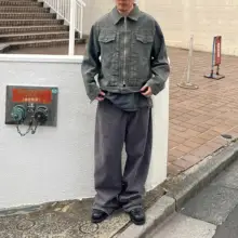 灰茶色のワックス染め水洗いデニムジャケット【ビンテージ風・ジッパー付き】