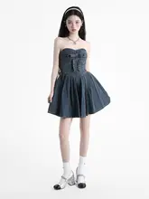 夏用デニムビスチェワンピース【高腰・リボン付き・レトロスタイル・ショートスカート】