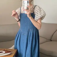 夏用ドット柄パフスリーブブラウス【ラウンドネック】とウエストマークデニムドレス【スクエアネック・シルエットを美しくするデザイン】（セットアップ対応）