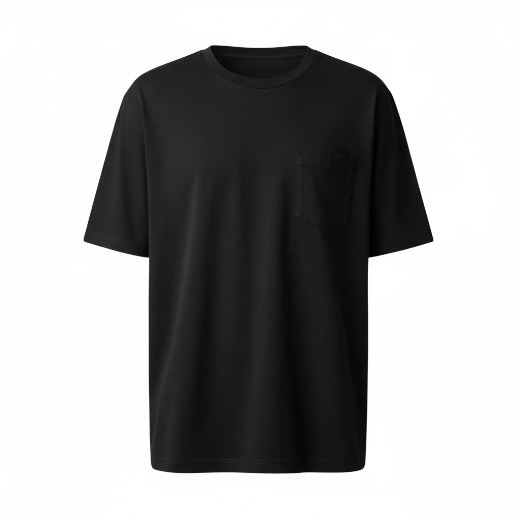 黒のポケット付き半袖Tシャツの白背景画像