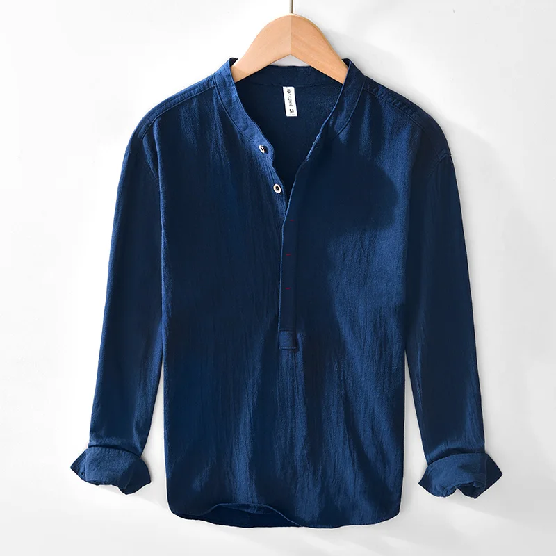 伝統的なVネックコットンリネンTシャツ【フィット・通気性・長袖】