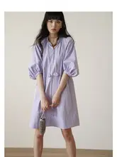 POPCHRIO マカロンカラーのVネックパフスリーブワンピース【夏用・Aライン・ゆったりデザイン】