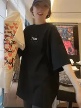 ブラック コットン 半袖 Tシャツ【ルースフィット・ハートプリント・ミディ丈】