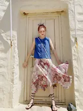 高腰不規則波模様プリントスカート【夏用・ゆったり・油絵風】（セットアップ対応）